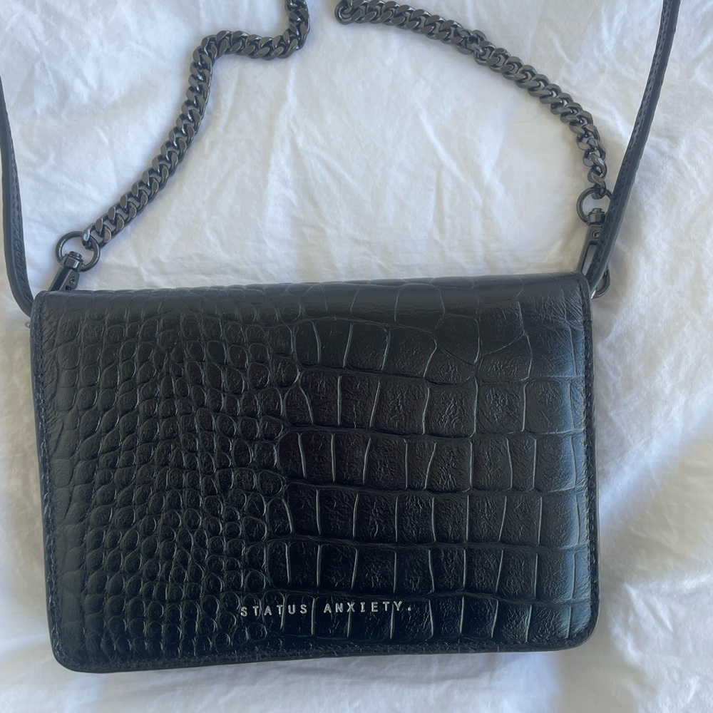 Status Anxiety Croc-Embossed Black Crossbody Bag